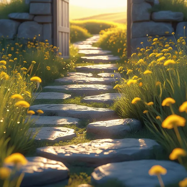 Stone path lined with wildflowers