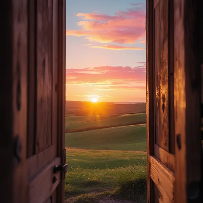 Meadow path toward rolling hills